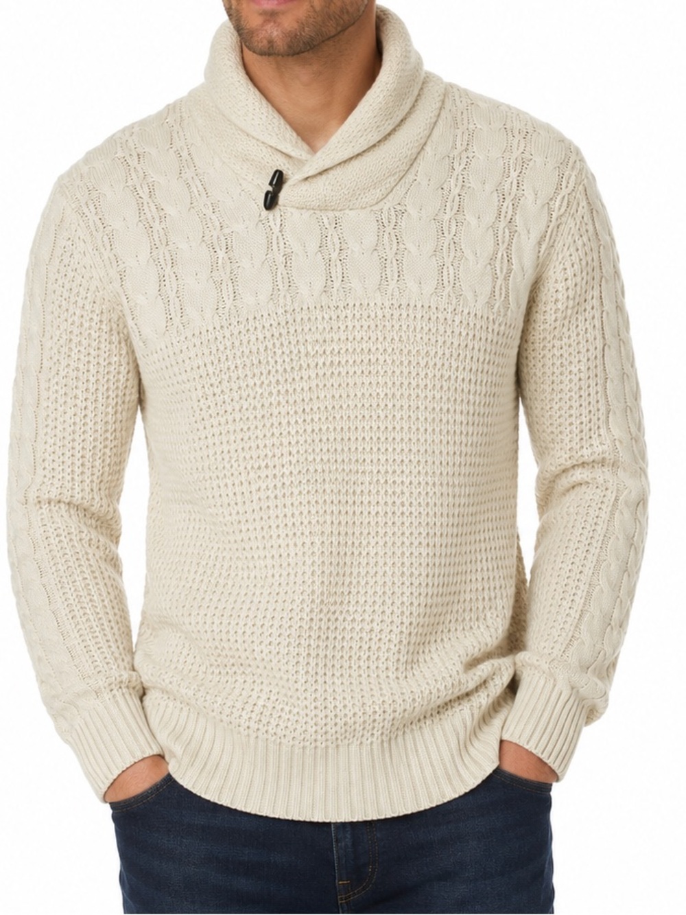Park Slope New York Men’s M Cream Cable Knit Shawl Collar Toggle Sweater